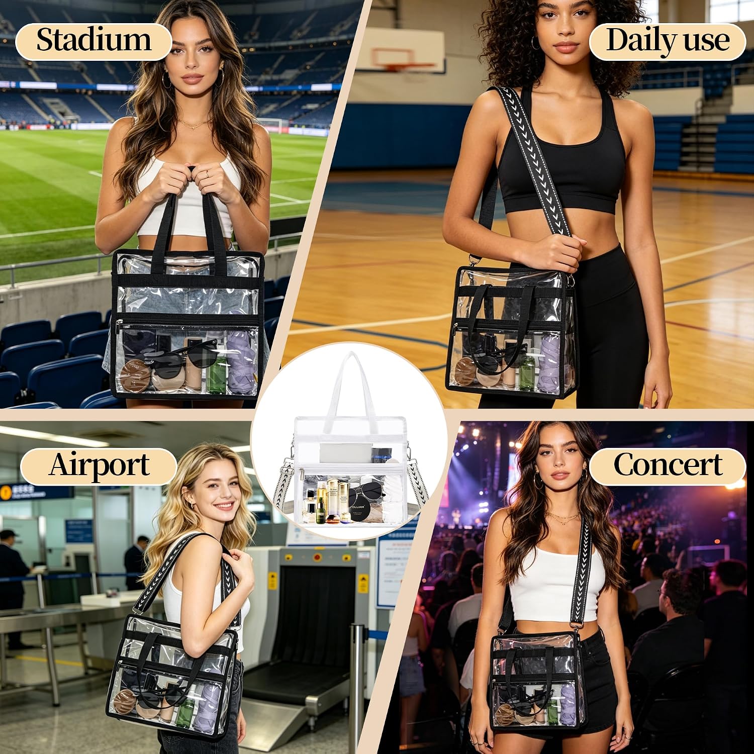 Clear Bag for Stadium Events with 2 Long Straps Purse for Stadium Approved PVC Concert Bag, Clear Crossbody bag
