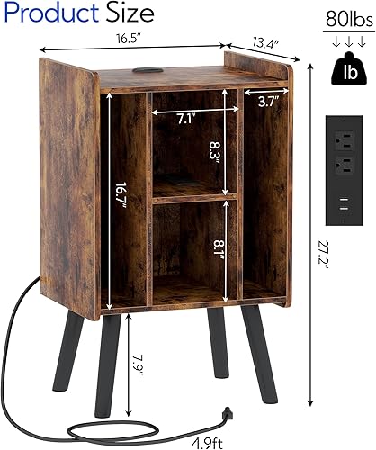Miniatura 2 de Yusong Soporte para tocadiscos con estación de carga, mesa auxiliar Mid-Century Nightsand con armario de almacenamiento de discos de vinilo para