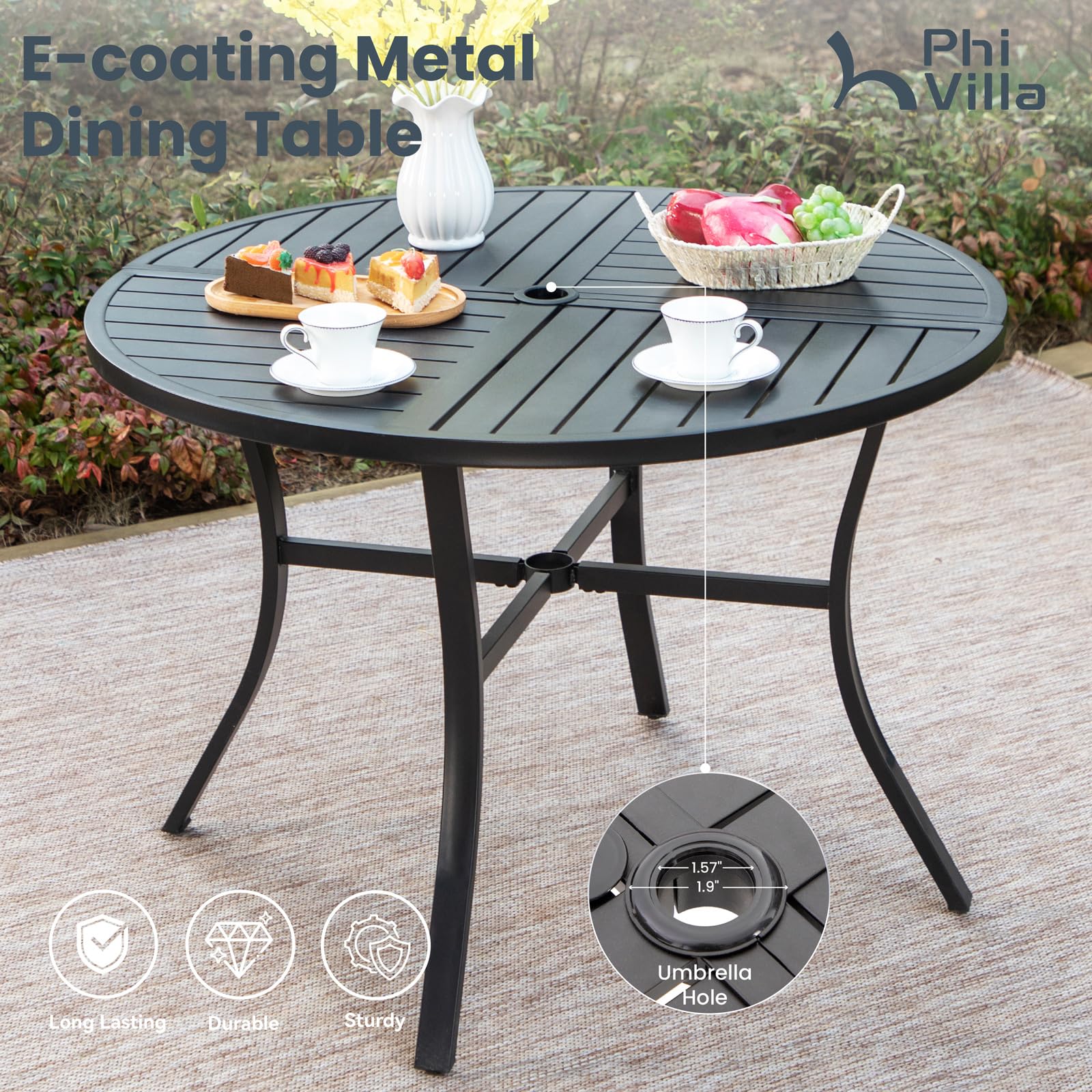 PHI VILLA Round Outdoor Dining Set for 4 with Folding Chairs, Grey