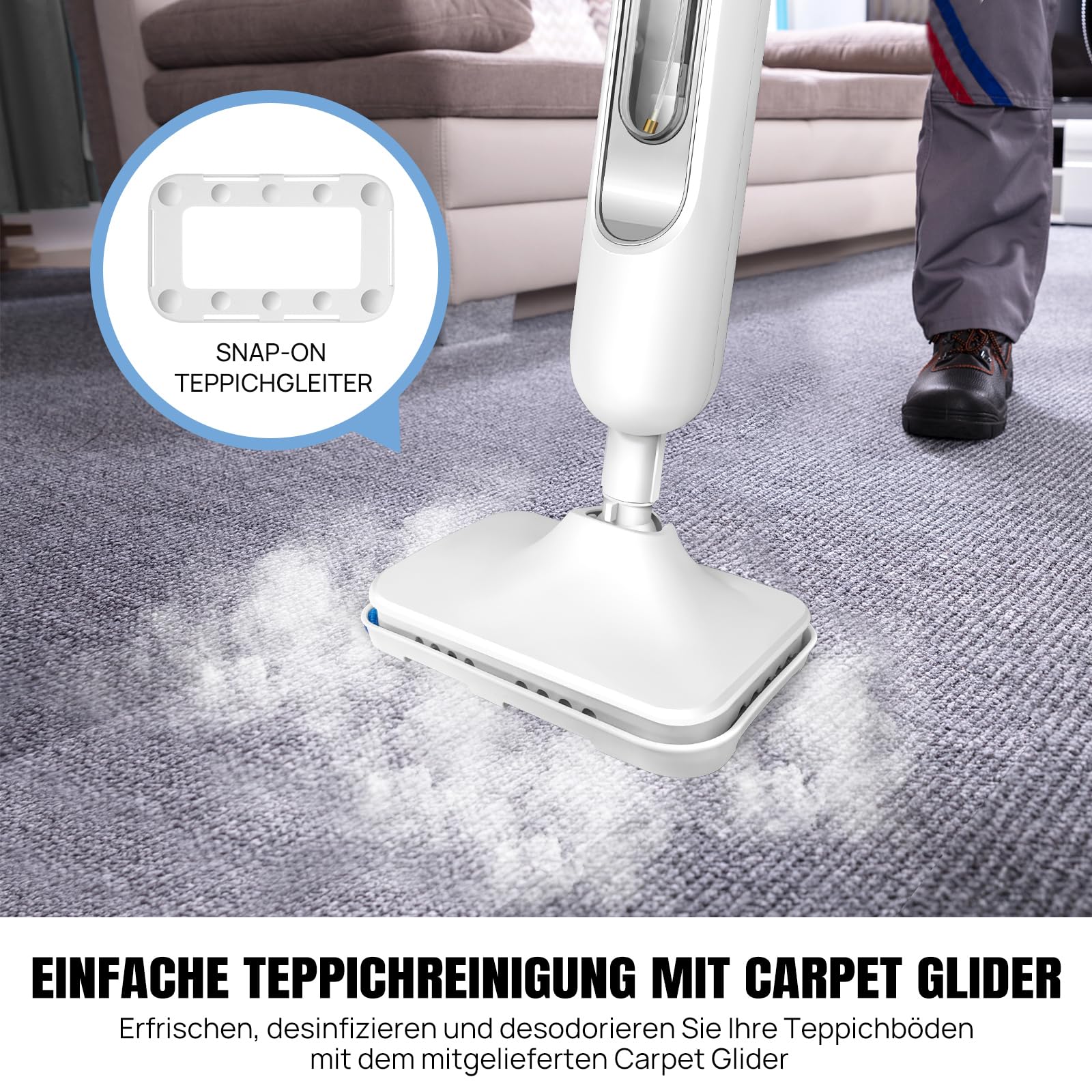 Qimu Dampfreiniger 1500W Dampfbesen Bodendampfreiniger Hand-dampfreiniger bis 108°C für Tiefenreinigung Böden Elektrischer Bodenwischer mit Wassertank 400ML, Entfernt bis zu 99,9% der Bakterien