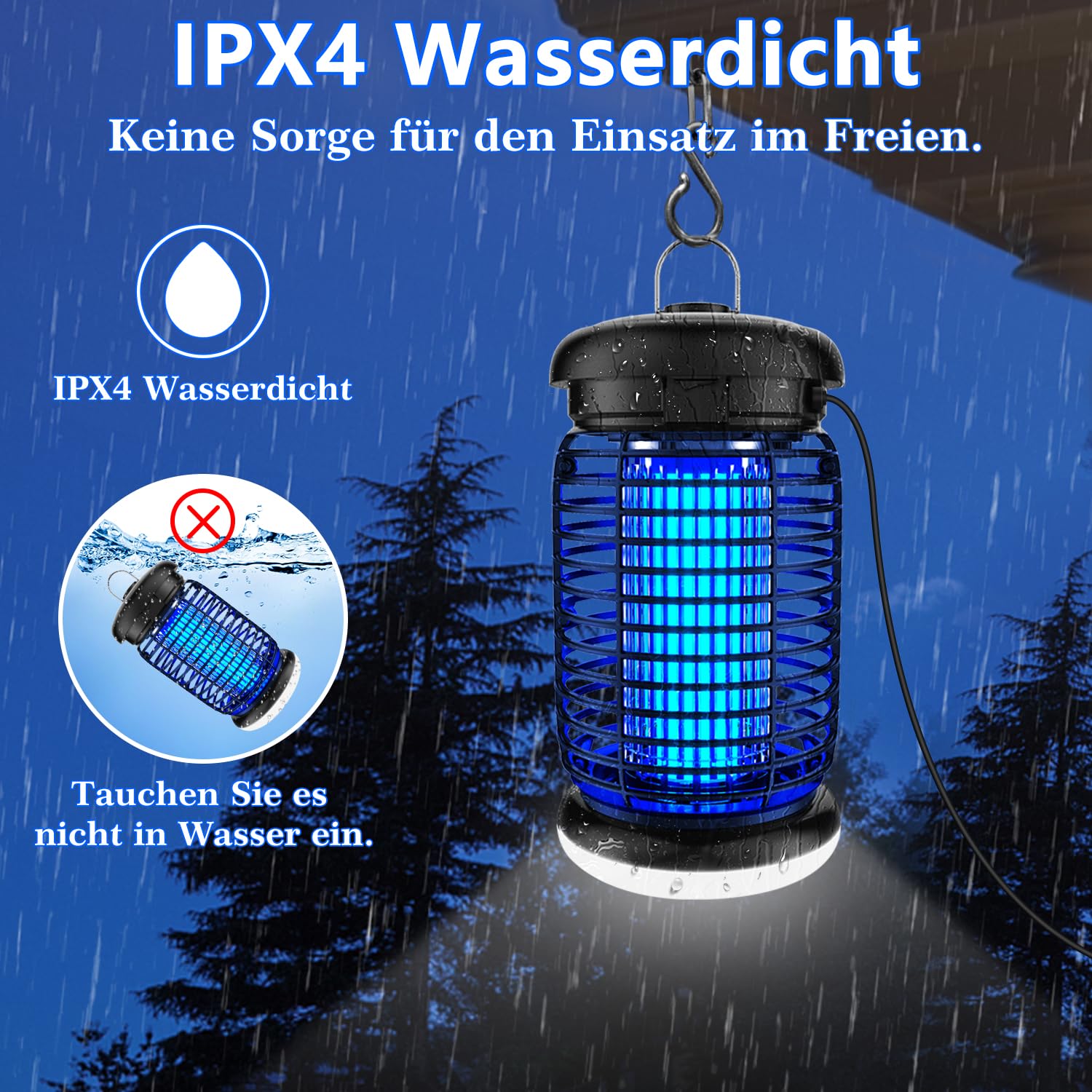 seenlast Insektenvernichter Elektrisch, Mückenlampe 15W 4200V Mückenfalle Mückenschutz Mit LED-Licht, Fliegenfalle Elektrisch Mückenabwehr, für Mücken,Motten,Fliege,Spinnen, Wasserdicht IPX4