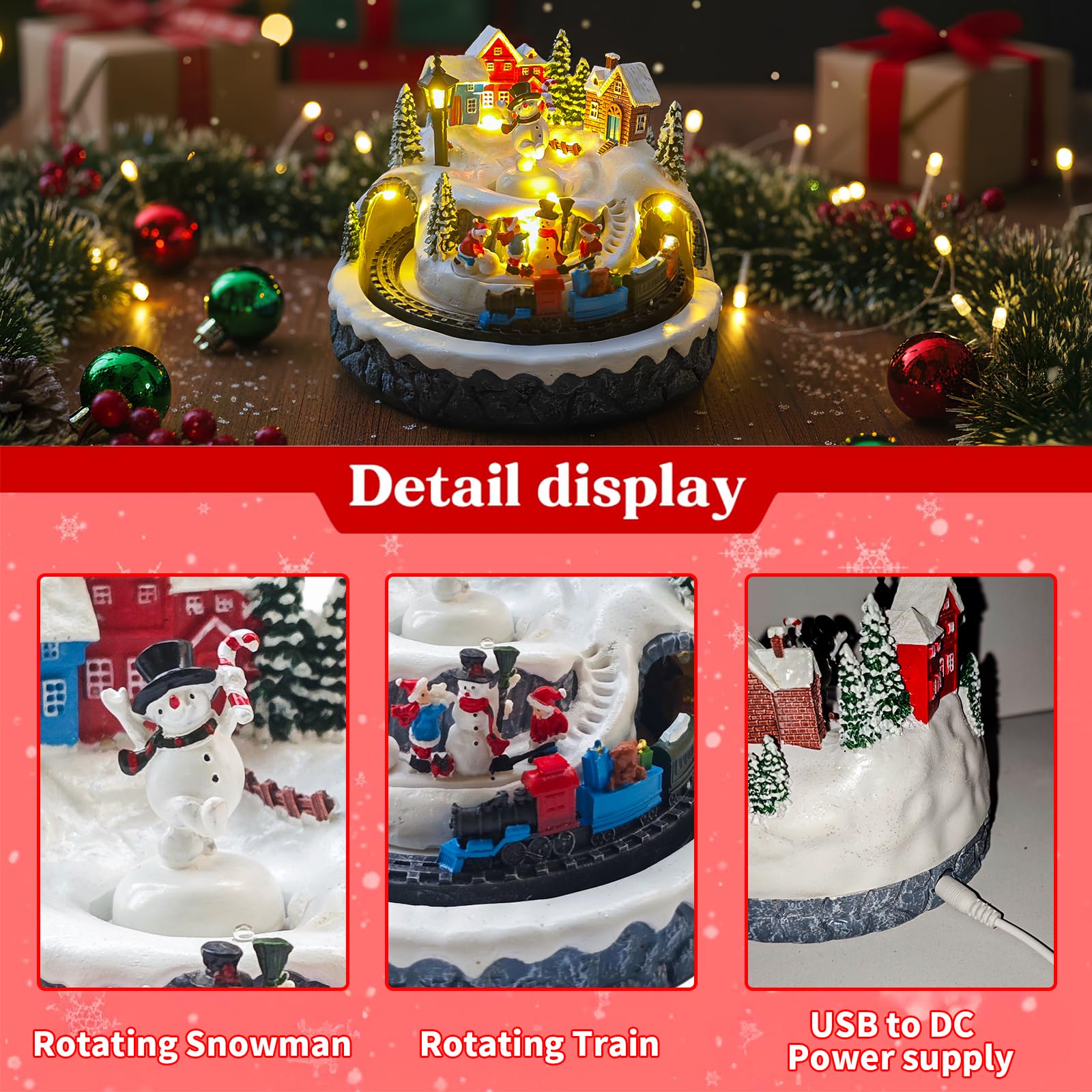 Décoration de village de Noël avec train rotatif et bonhomme de neige, bâtiments musicaux de collection, 8 chansons, lumières LED, fonction minuteur et deux options d'alimentation (USB ou batterie