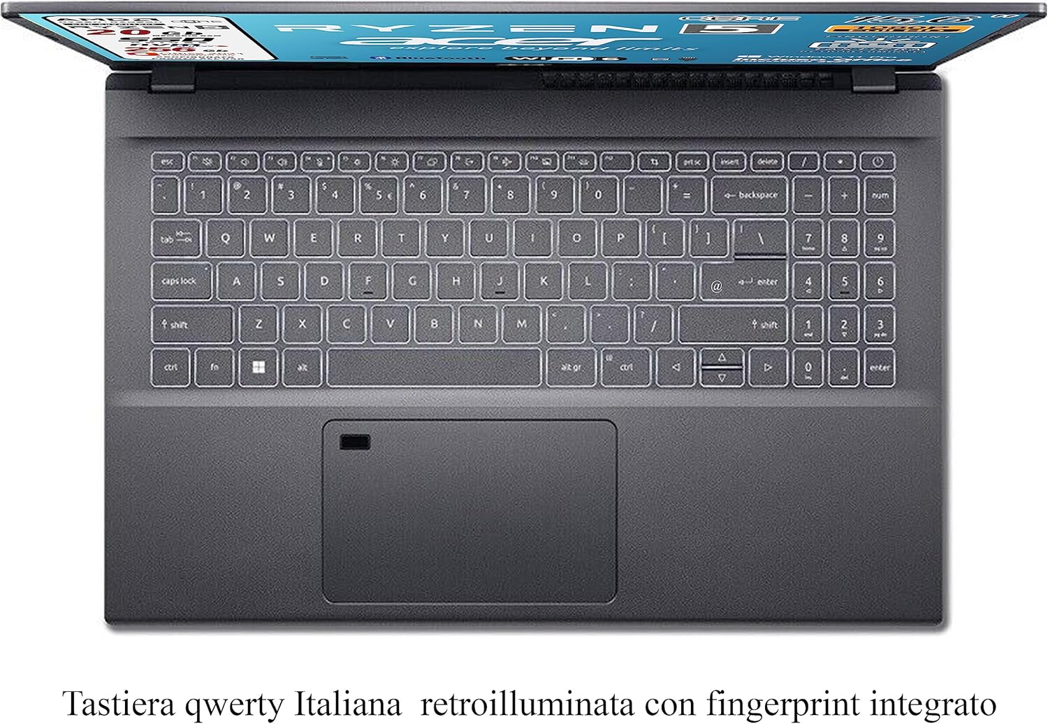 Acer, Pc portatile notebook, Amd Ryzen 5 5625u, 6 Core, Ram 20 Gb, SSD 256 Gb, Display 15.6 FHD, Tastiera retroilluminata, Fingerprint, WI-FI 6, Win 11 Pro, Suite office, Preconfigurato Acer, Pc portatile notebook, Amd Ryzen 5 5625u, 6 Core, Ram 20 Gb, SSD 256 Gb, Display 15.6 FHD, Tastiera retroilluminata, Fingerprint, WI-FI 6, Win 11 Pro, Suite office, Preconfigurato