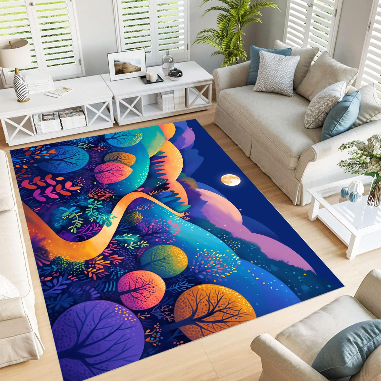 Tapis lavable montagnes forestières bleu marine 120x180cm pour salon