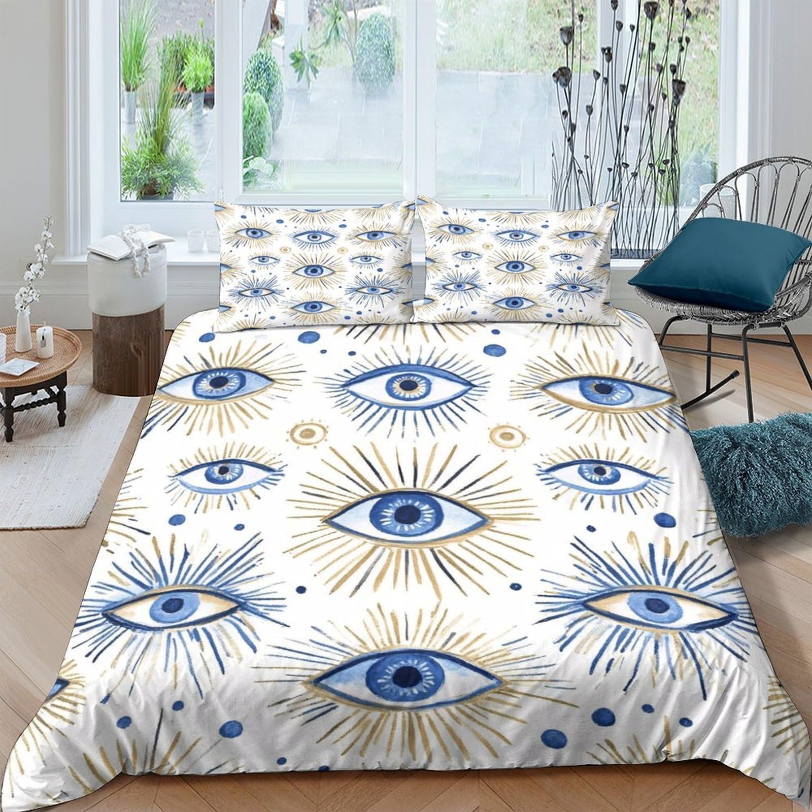 Ctjqhvkz Style-5 3D Printed Evil Eye Fitted Sheet Microfiber Soft Blue Sunburst Bed Cover For Bedroom Guest Room Mattress Protection Decor Single（135X200cm）