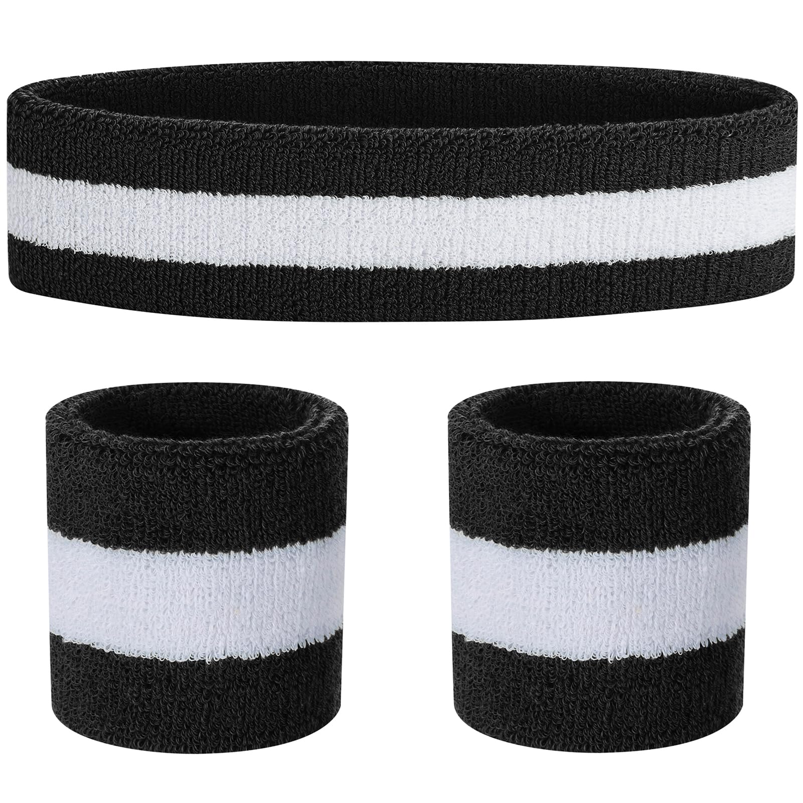FACATH Sweatband Set Sports Headband Wristband Absorbent, Comfortable & Versatile for All Workouts | Keep Sweat Away, Focus on Your Game (Black/White/Black)