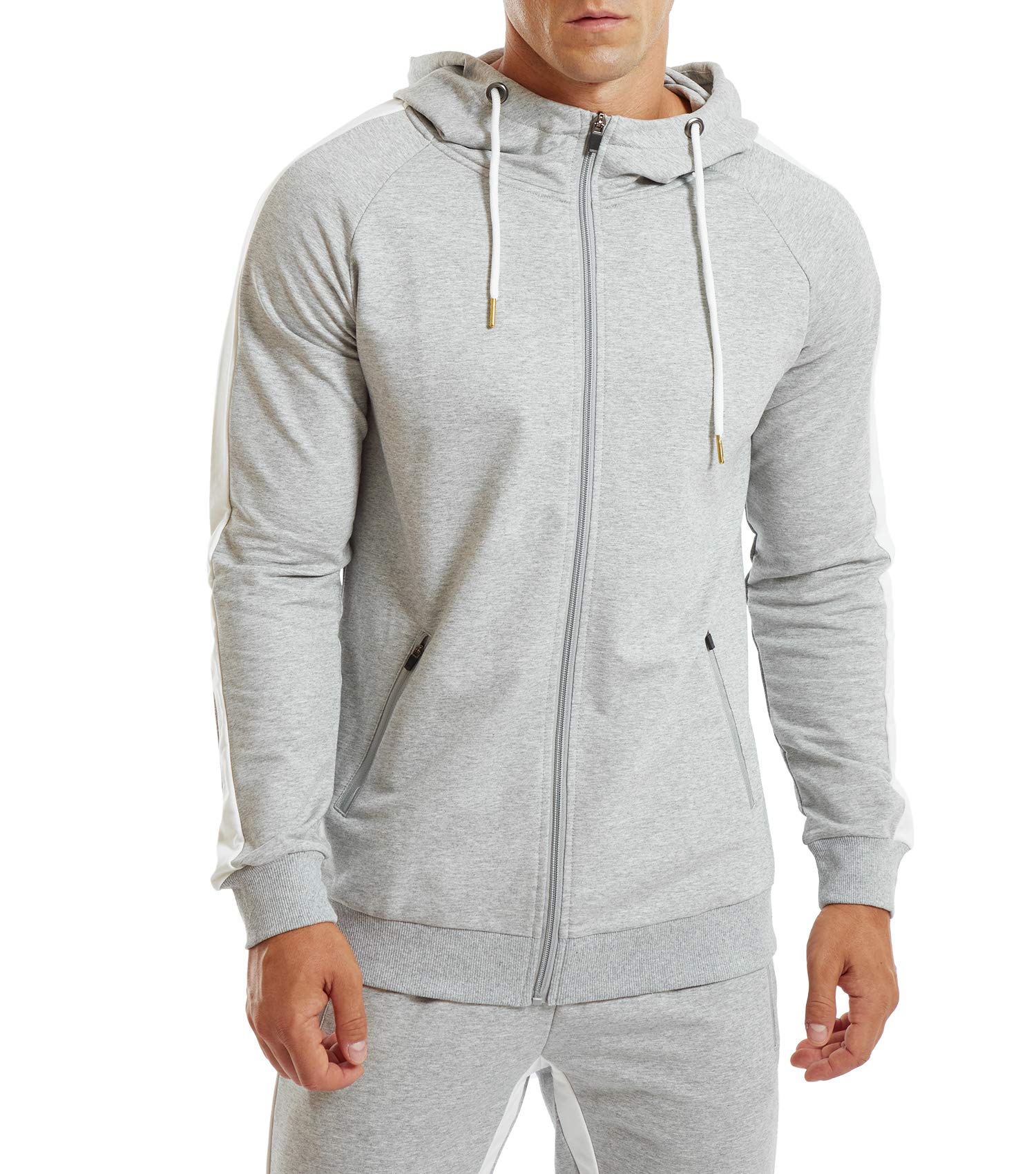 Ouber Men's Fitted Stripe Casual Workout Sweatshirt Zip Up Hoodie Top