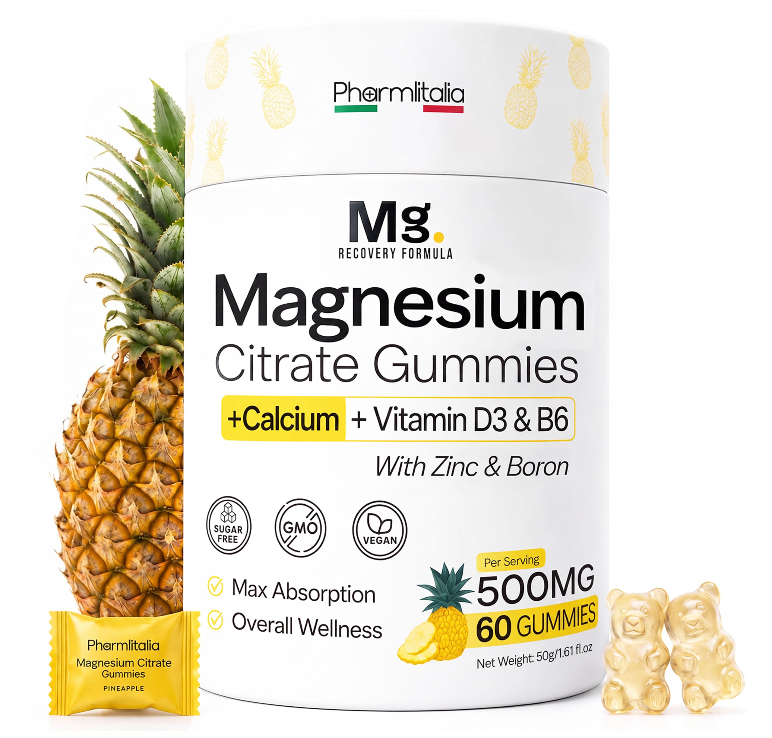 Magnesium Citrate Gummies 500mg for Adults – Magnesium Gummies for Adults for Muscle Relaxation, Nerve & Bone Support – High Absorption Magnesium Gummies, Pineapple Flavor, 60 Count