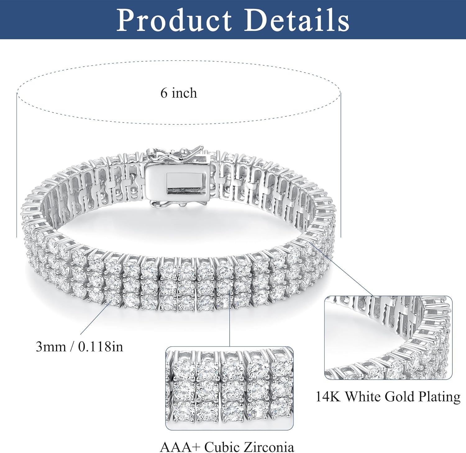 Gemsme 2 Rows Tennis Bracelets for Women Men - 18K Yellow Gold Plated 3mm Round Cut Cubic Zirconia Classic Tennis Bracelet, Size 6.5-8.5 Inch