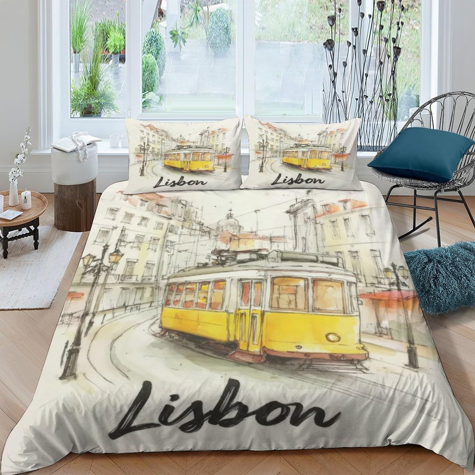 GPLZQXKJNH 3D Printed Lisbon Tram Duvet Cover Microfiber Soft Breathable Vintage City Bedding Set with 2 Pillowcases for Bedroom Decor Single（135x200cm）