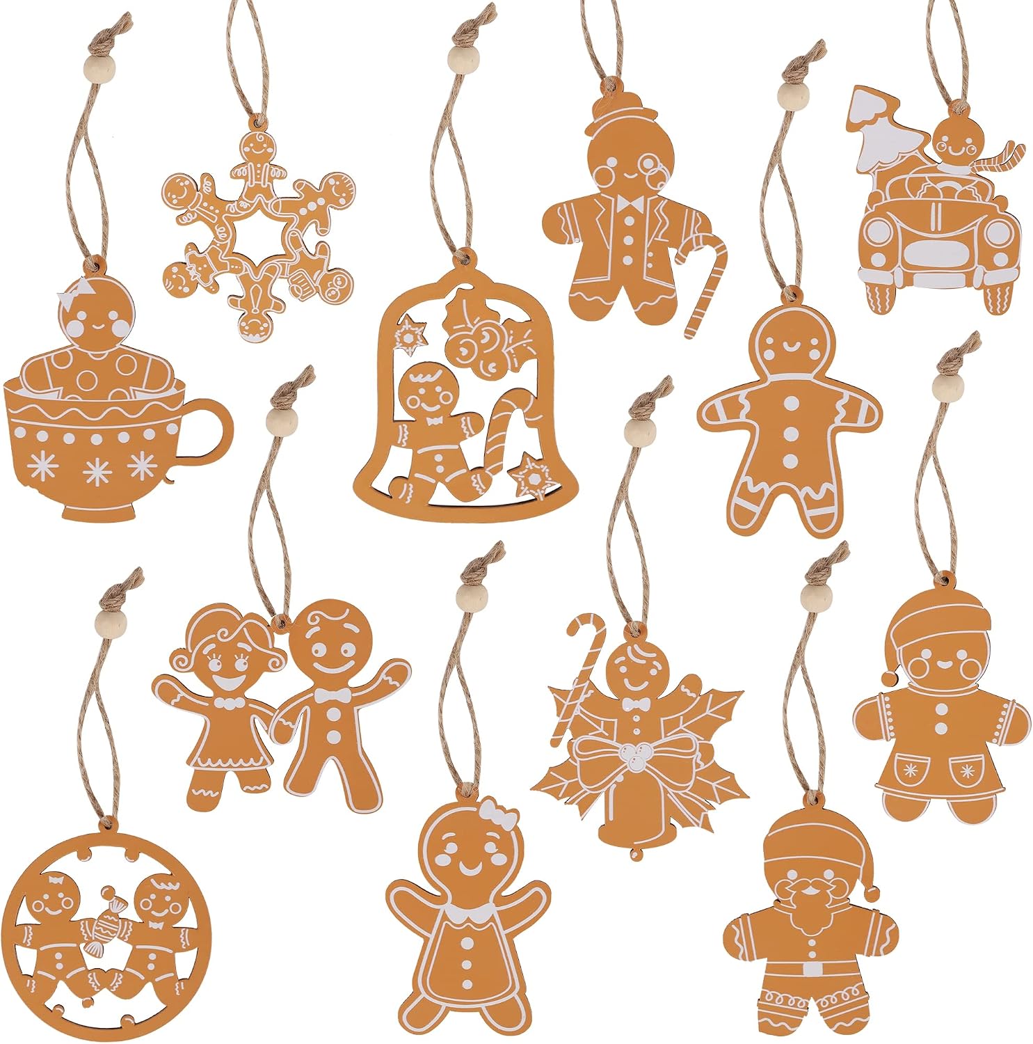 winemana 12 Pcs Hanging Gingerbread Ornaments for Christmas Tree Decorations, Wooden Rustic Ornaments Set for Christmas Tree, Farmhouse Christmas Decorations for Xmas Tree Garland Wreath Decor