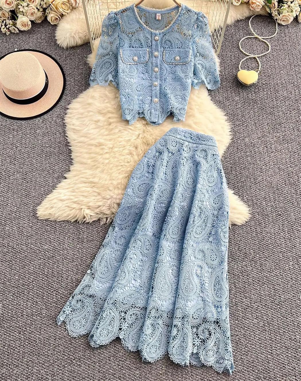 Conjunto de falda de dos piezas con bordado de perlas de verano para mujer, falda midi de manga corta con encaje