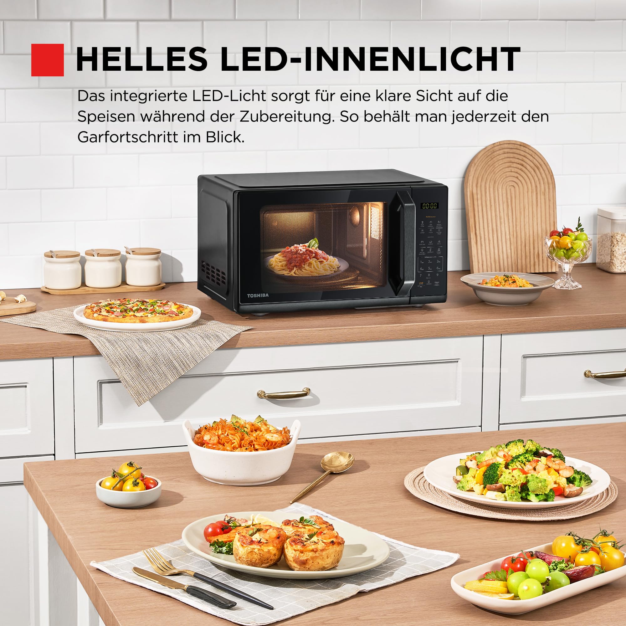 TOSHIBA Kuchenka mikrofalowa w lustrzanej czerni, 20 litrów, 800 W, cyfrowa kuchenka mikrofalowa Solo z 11 poziomami mocy, 6 automatycznych programów, funkcja ekspresowego gotowania, rozmrażanie