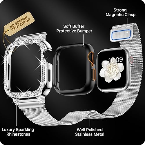 Miniatura 3 de XYF Correas brillantes compatibles con Apple Watch Band de 1.614 pulgadas para mujeres con parachoques, malla de acero inoxidable magnética, joyería