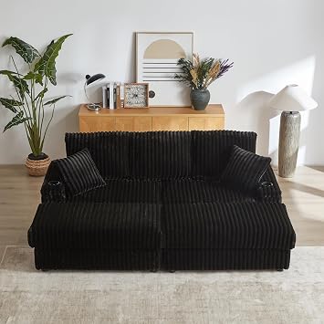 Corduroy Upholstered Modular Sectional Sofa Cloud Couch with Movable Ottoman, 84" Oversized Loveseat Convertible Sleeper Sofabed with 3 Cushion Backrest and Throw Pillows