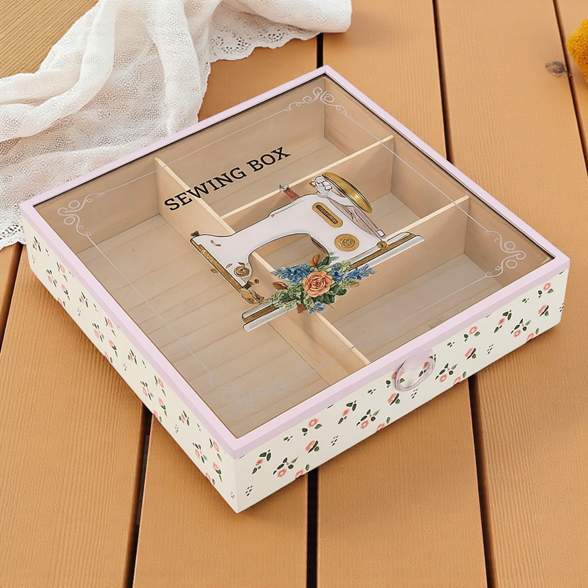 TIENDA EURASIA – Caja Costurero | Bandeja de 4 Compartimentos | Material Madera | Tapa de Acrílico | Diseño Multicolor | Medidas 24x24x5 cm (Rosa Claro)