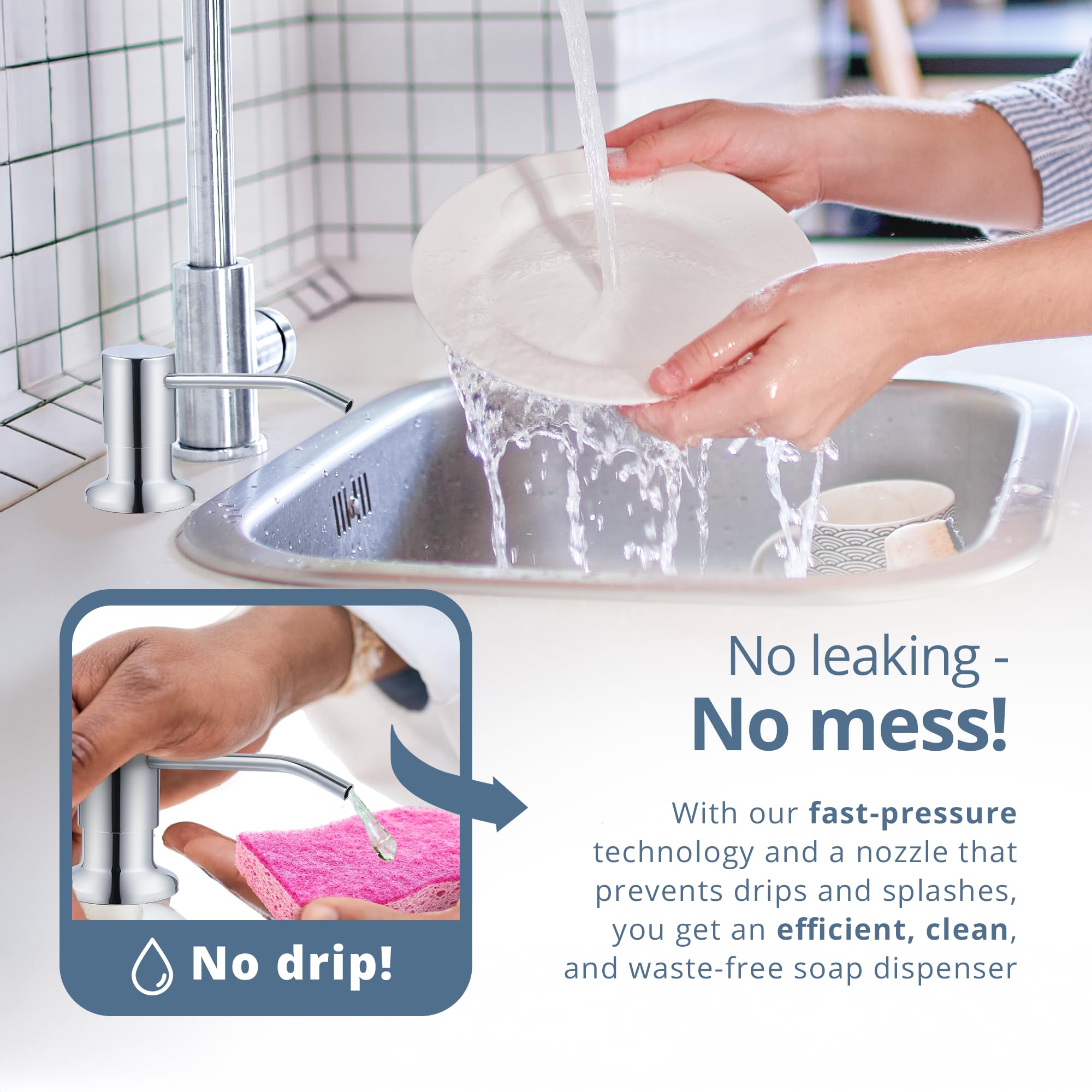 SBEN Dispensador de jabón o loción integrado para fregadero de cocina, bomba de níquel cepillado, botella PET de 17 onzas, cabezal ABS duradero, rotación de 360° (cromo)