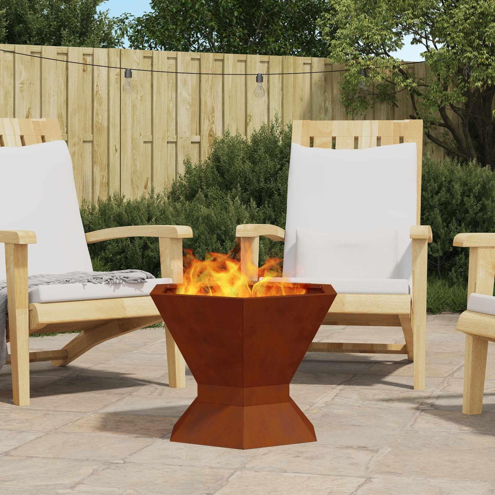 Feuerstelle Braun aus Wetterfeststahl 50 x 50 x 40 cm für Terrasse Garten und Haus, robuste Outdoor Wärme für Zusammenkünfte, passend als Kamin Ofen Deko