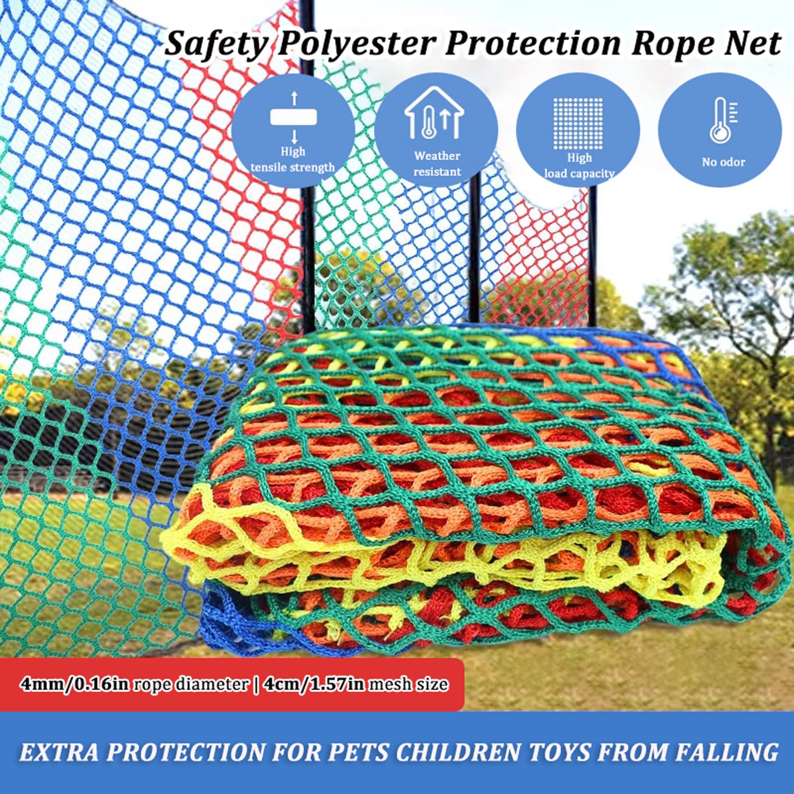Child Safety Net Kids Pets Stairs Railing Protection Rope Net for Balcony Banister Guard Outdoor 4cm/4mm Knotless Anti-Fall Netting for Playground Treehouse(Size:2*2m(7*7ft),Color:Colourful) - Image 2