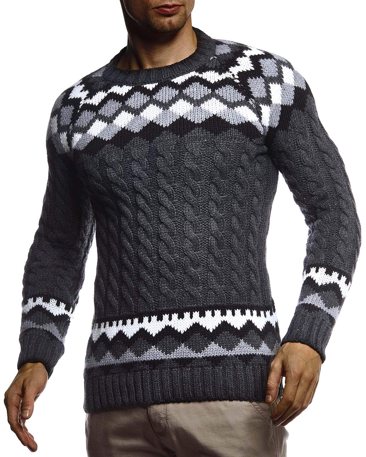 Leif Nelson Herren Strickpullover Norwegerpullover Pullover mit Rundkragen Winterpullover Männer Pulli für Weihnachten Winter Norweger Muster Slim Fit Crew Neck LN20757