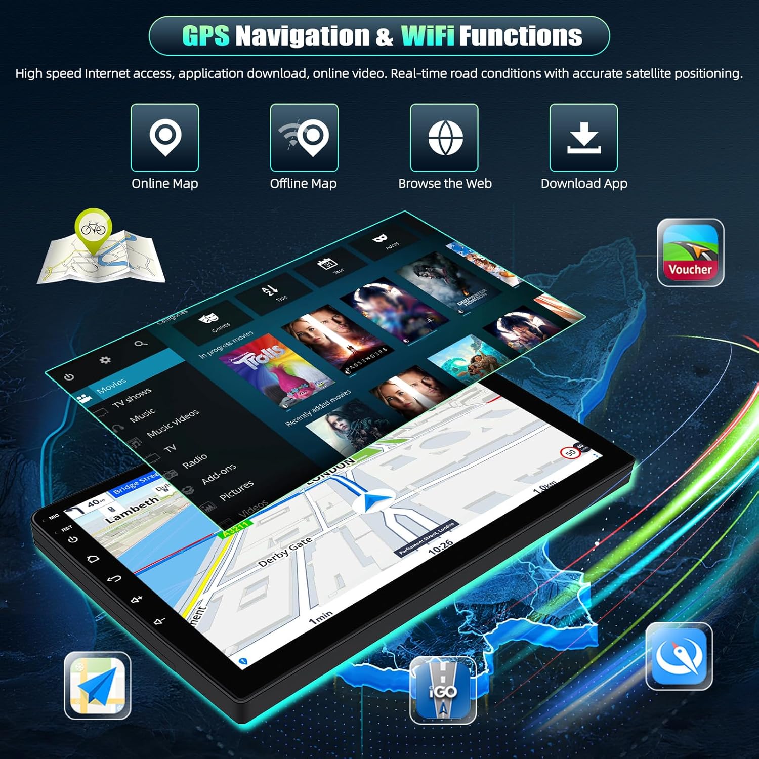 Image showing the CAMECHO Autoradio installed in a Peugeot 3008 dashboard, with a red box highlighting the screen's position, indicating it sits higher than the center control frame.