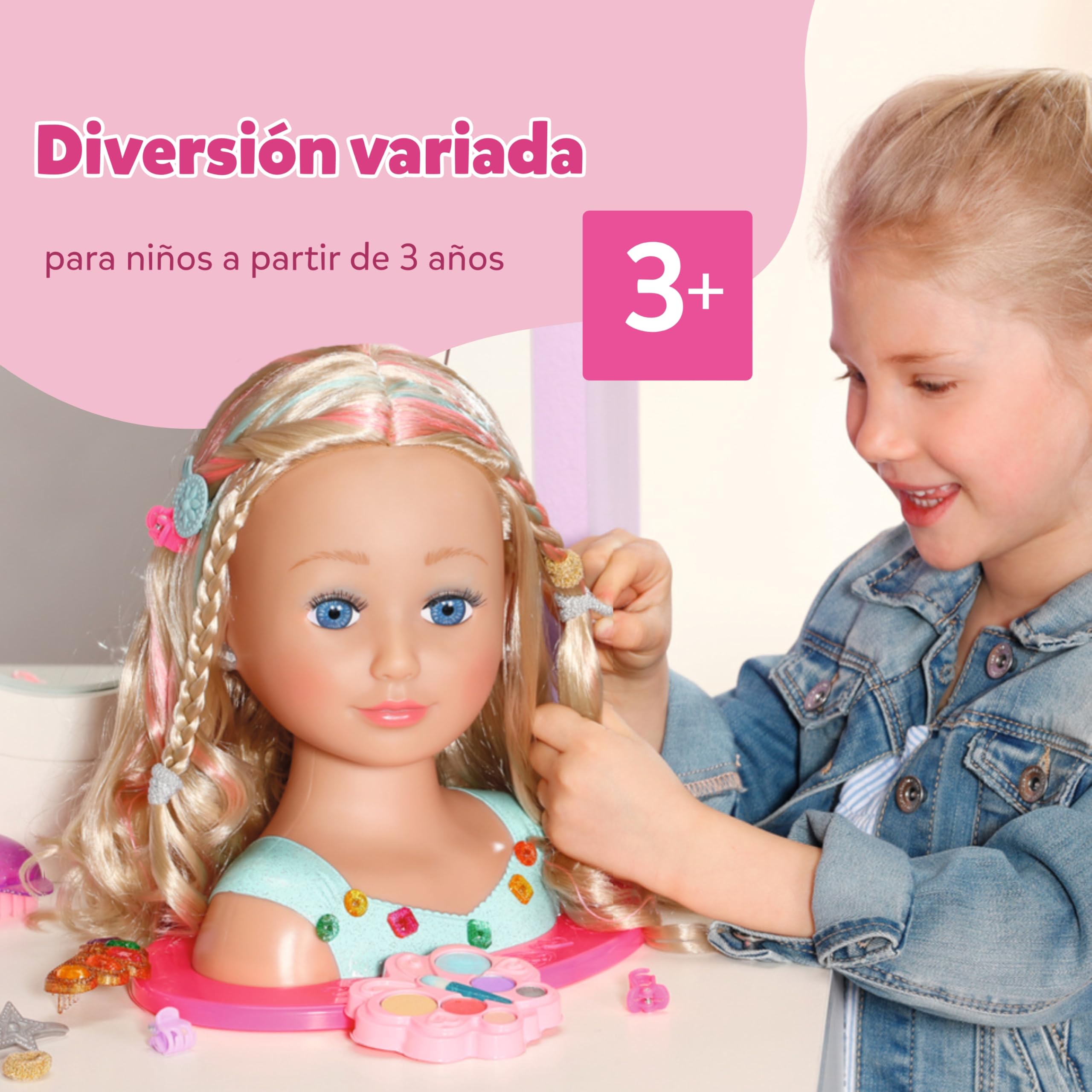 Baby born Cabeza de Peinado Princesa con Accesorios | Paleta de maquillaje, cepillo y accesorios de peinado, pelo largo