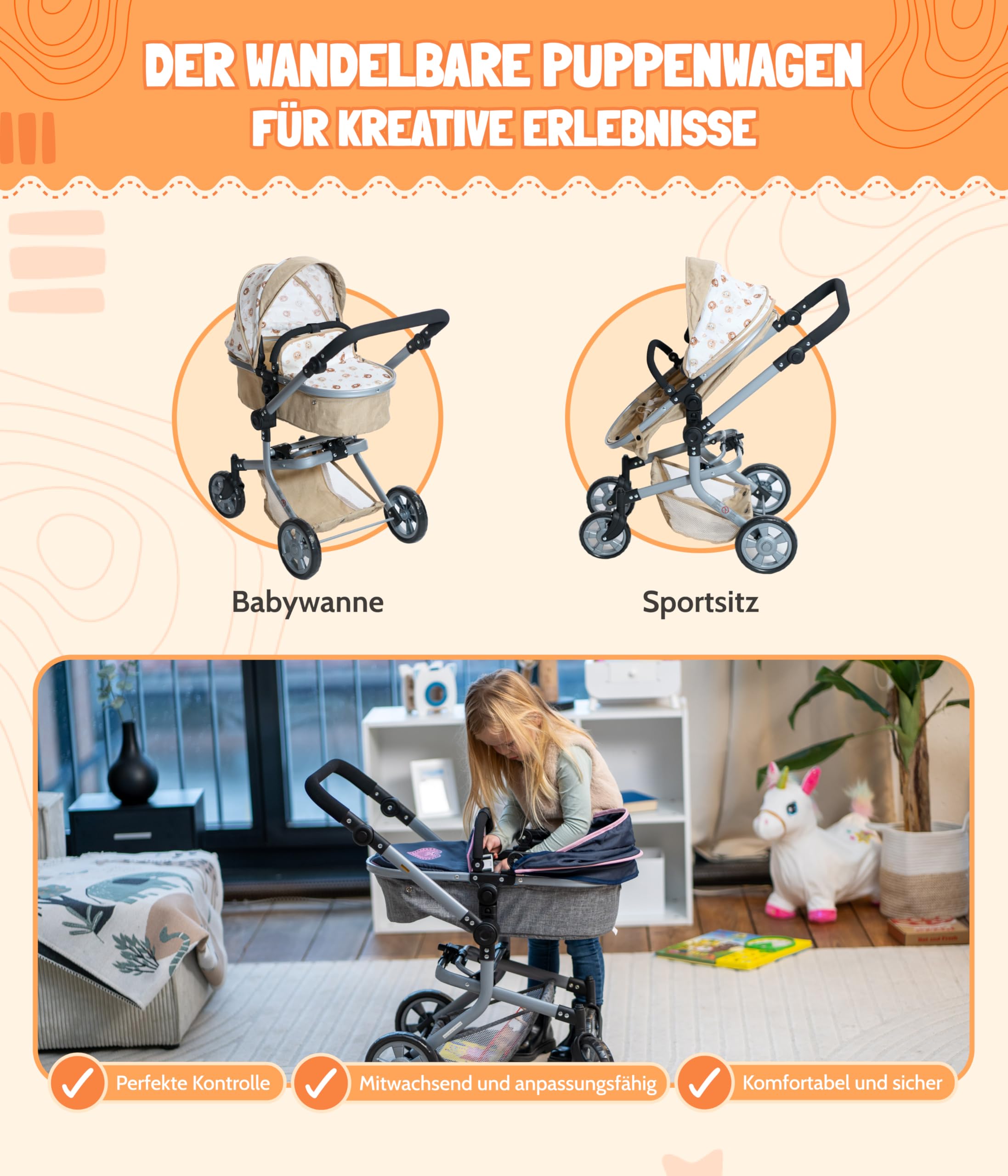 Bayer Chic 2000 Puppenwagen Mika | 2in1 Kombi-Buggy Bärchen Beige | Großer 2in1 Kombi-Puppenwagen mit umwandelbarem Sportsitz für Puppen bis 52 cm. Bärchen Beige, Griff 47-80 cm, ab 3 J.