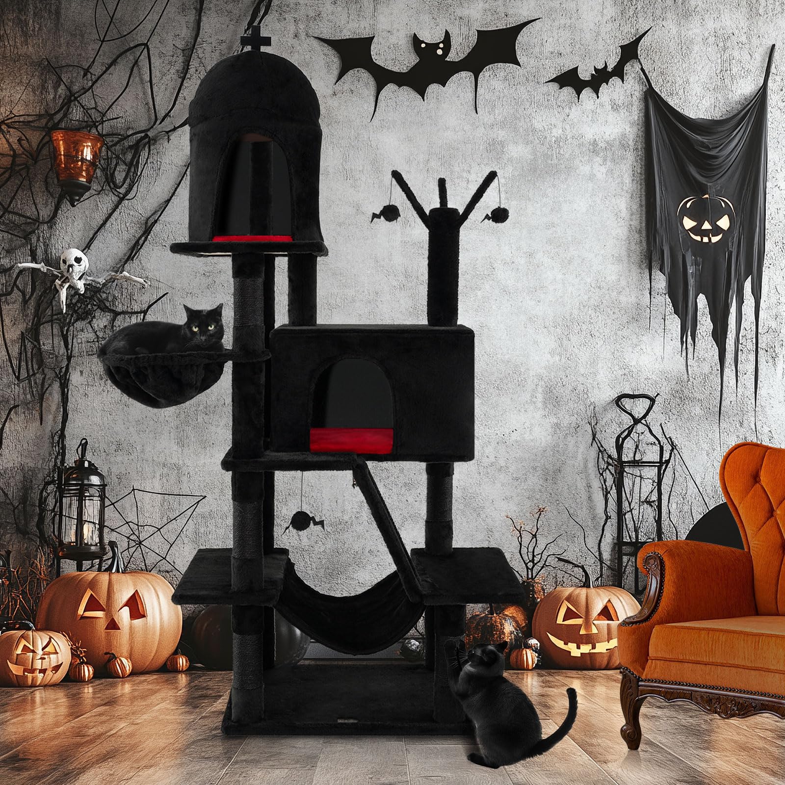 PETSITE 67 inch Tall Gothic Cat Tree, Multi-Level Halloween Cat Tree with Scratching Posts and Ladder, Cat Condos, Spooky Dangling Balls, Hammock, and Basket Bed, Goth Cat Tree for Indoor Cats, Black