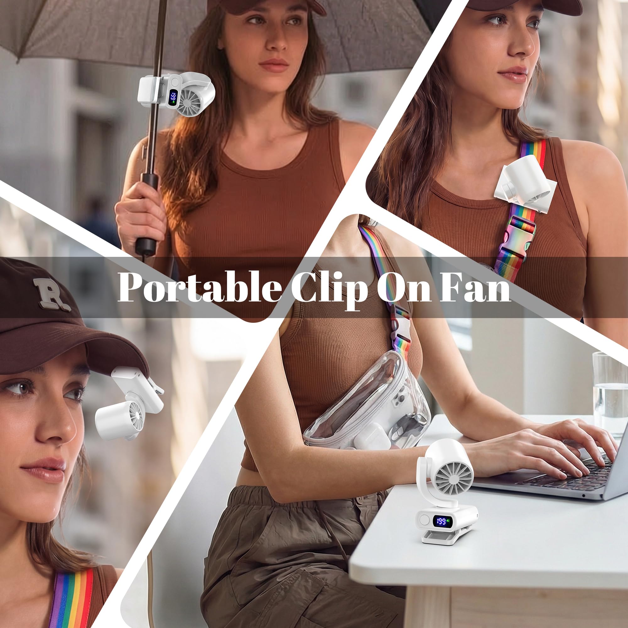 Mini ventilatore portatile a clip, piccolo ventilatore personale silenzioso alimentato a batteria USB-C ricaricabile regolabile a 199 velocità leggero per esterni, viaggi e ufficio, bianco
