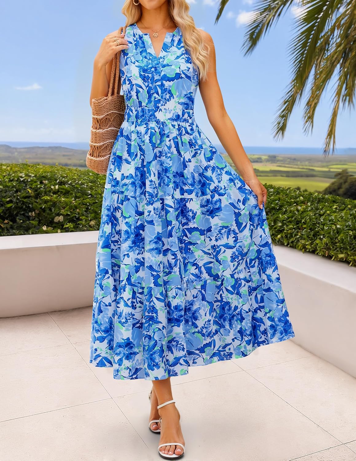ZESICA Women's Summer Boho Floral Sleeveless Midi Dress 2026 V Neck Elastic High Waist Flowy Casual Beach Long Dresses - Image 7