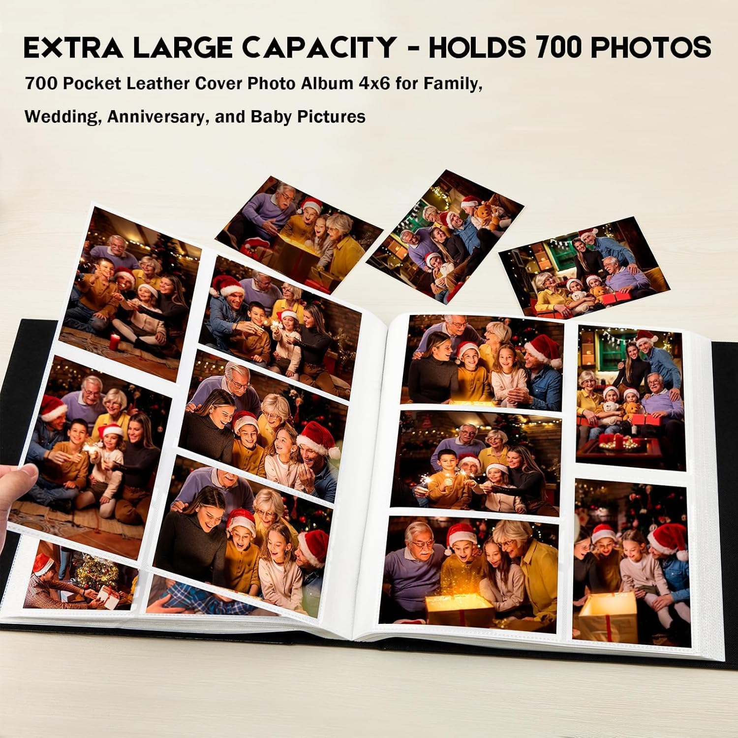Aevdor Large Capacity 4x6 Photo Album, 700 Photos, Leather Cover, Black