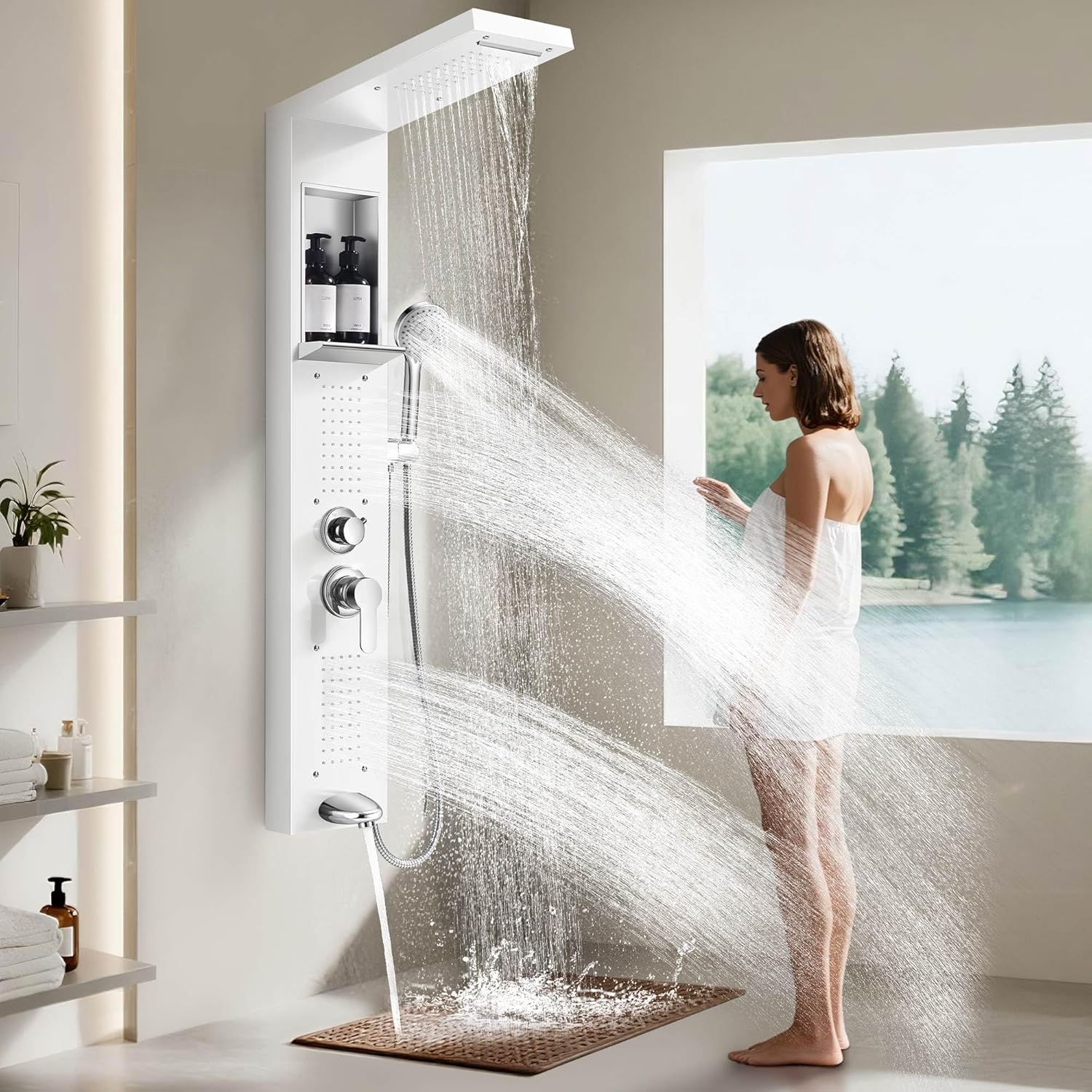 Shower Panel System, Multi-Function Shower Tower With 5 Body Spray, 5 Handheld Settings & Shelf, Rainfall + Waterfall Shower Head