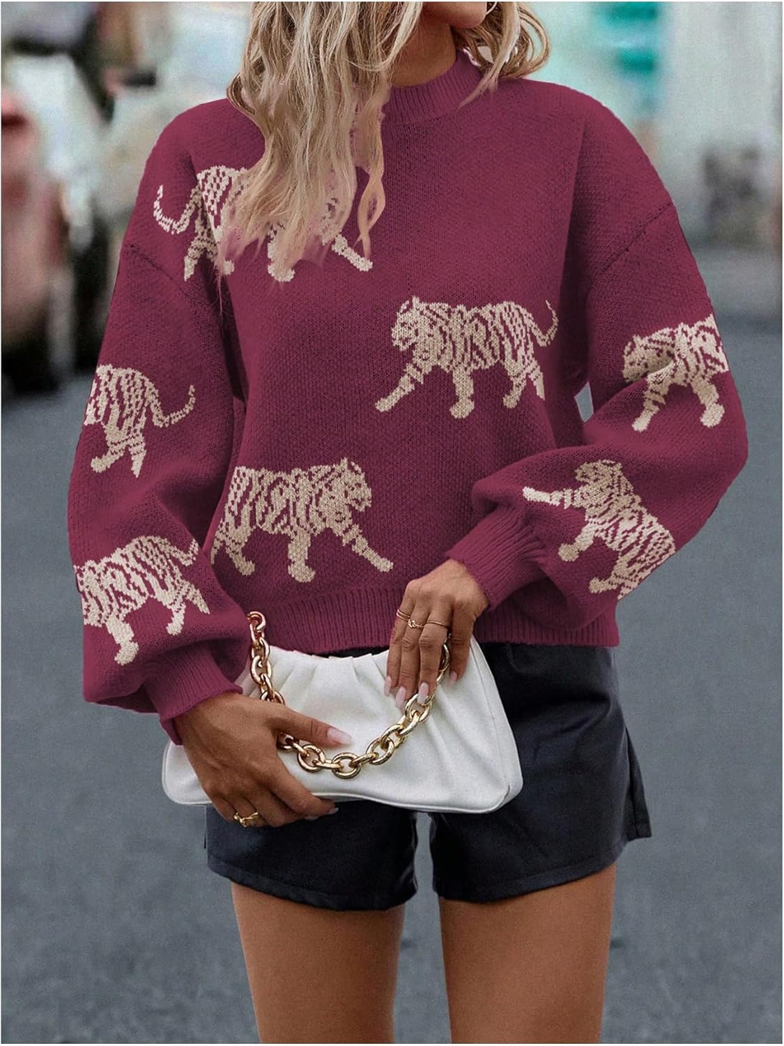 Milumia Women's Leopard Print Mock Neck Sweater Long Lantern Sleeve Ribbed Knit Fall Tops - Image 5