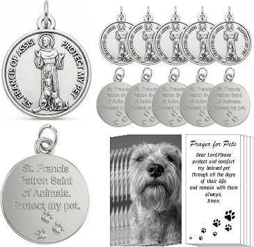 Rlcvecv 10 Pcs Saint Francis of Assisi Pet Medals with Holy Cards Set, St Francis Tag Hang on Dog or Cats Collar,Catholic Dog Tag Patron Saint of Animals Medal