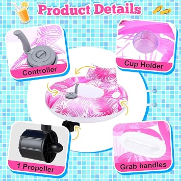 2 Sets Motorized Pool Float for Adults, Electric Inflatable Pool Lounger Float Driving Tube Floating with Pusher Handles Cup Holder for Summer Water Beach(Leaves,Blue Pink)