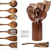 Teak Wood Cooking Utensils Set - 9-Piece Nonstick Safe Kitchen Utensils with Holder, Spoon Rest & 6 Metal Hooks, Natural Wooden Cookware for Nonstick Pans (Premium Durable Utensil Set