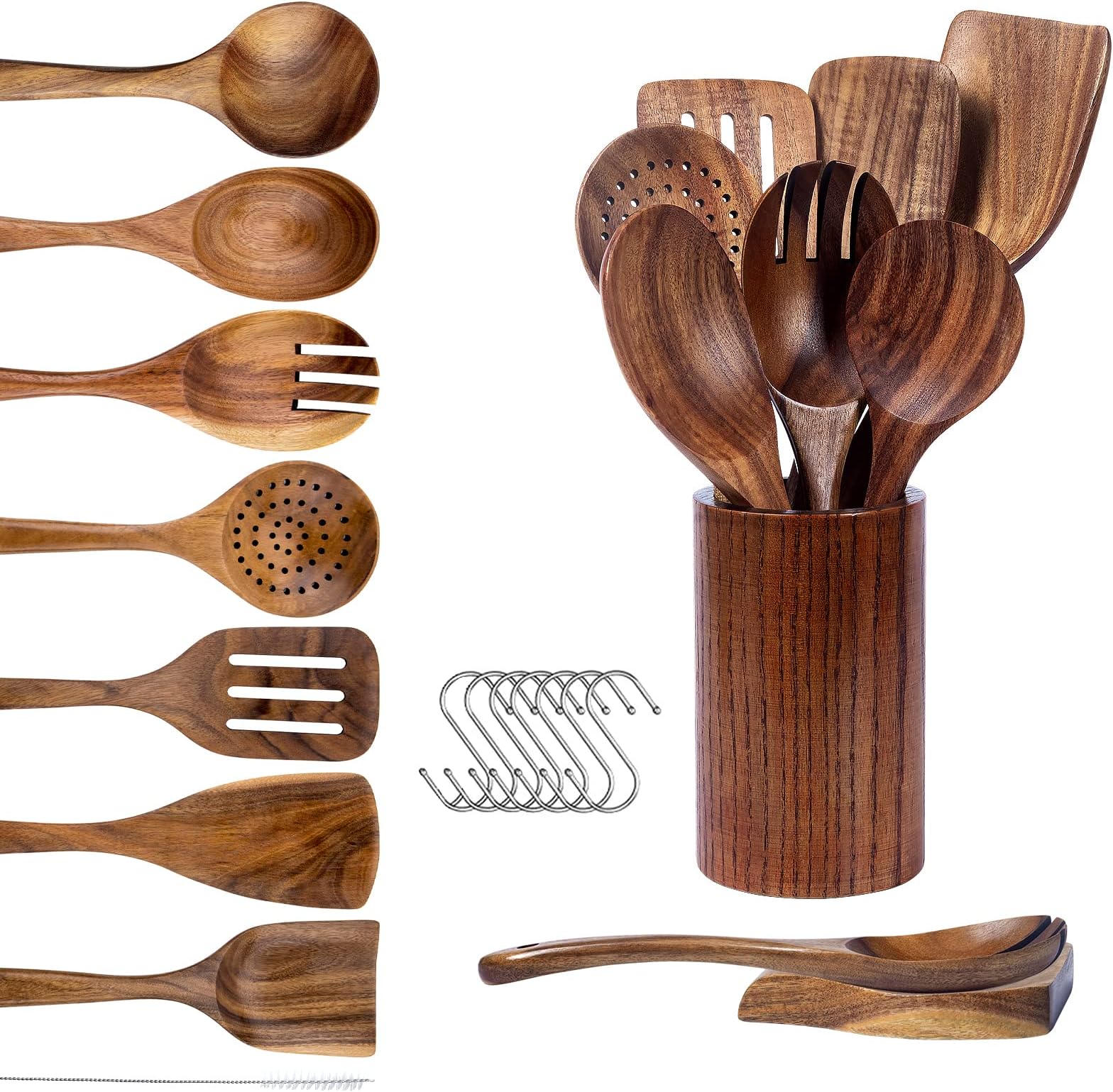 GUANKEWooden Spoons for Cooking Natural Teak 9 Piece Wooden Cooking Utensils Set with Holder & Spoon Rest Non-Stick Smooth Wooden Spoons & Spatula Ideal Cookware for Kitchen Essentials