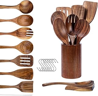 Teak Wood Cooking Utensils Set - 9-Piece Nonstick Safe Kitchen Utensils ...