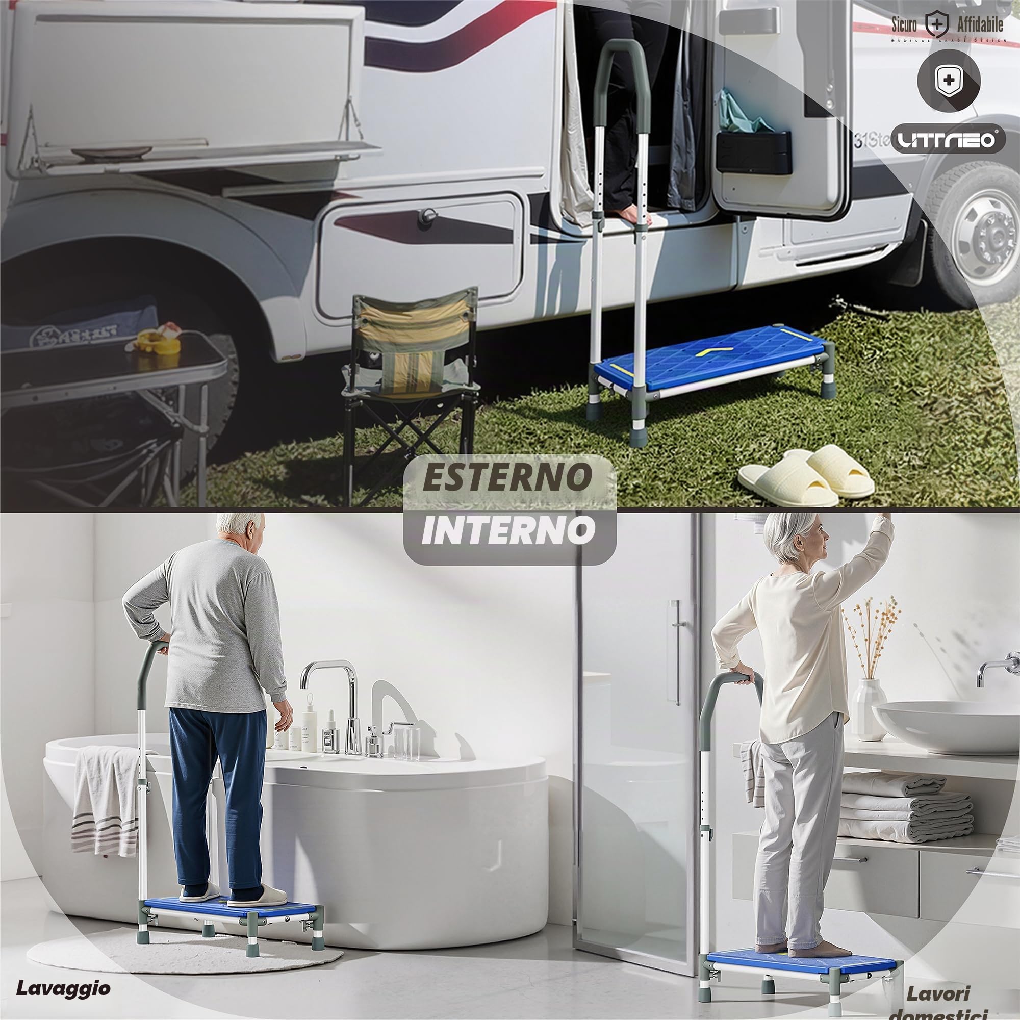 Sgabello Gradino con Pedata 55 cm – Braccioli regolabili in altezza,portata 225 kg,strisce luminescenti e antiscivolo –Ideale per letti alti,camper,cucina,bagno e anziani