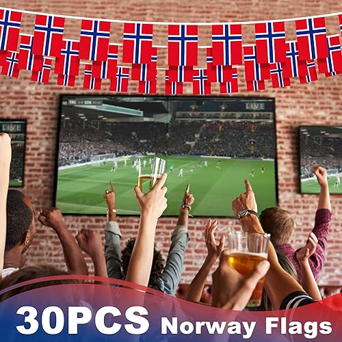 Miniatura 5 de Banderín de bandera de Noruega, mini banderas noruegas Nordmann banderines, decoración nacional de país para escuela, fiesta, eventos deportivos,