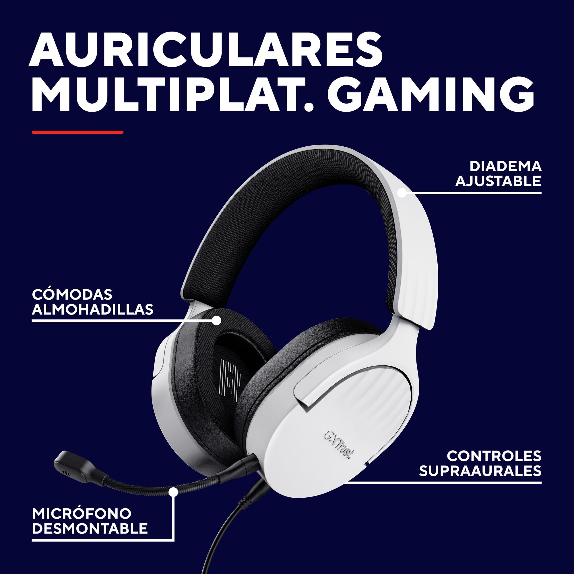 Trust Gaming GXT 489W Fayzo Cascos Gaming para PC, PS5, PS4, Xbox Series X|S, Switch, Mobile, 3.5 mm, 35% Plástico Reciclado, Auriculares Over-Ear Micrófono con Cancelación de Ruido - Blanco