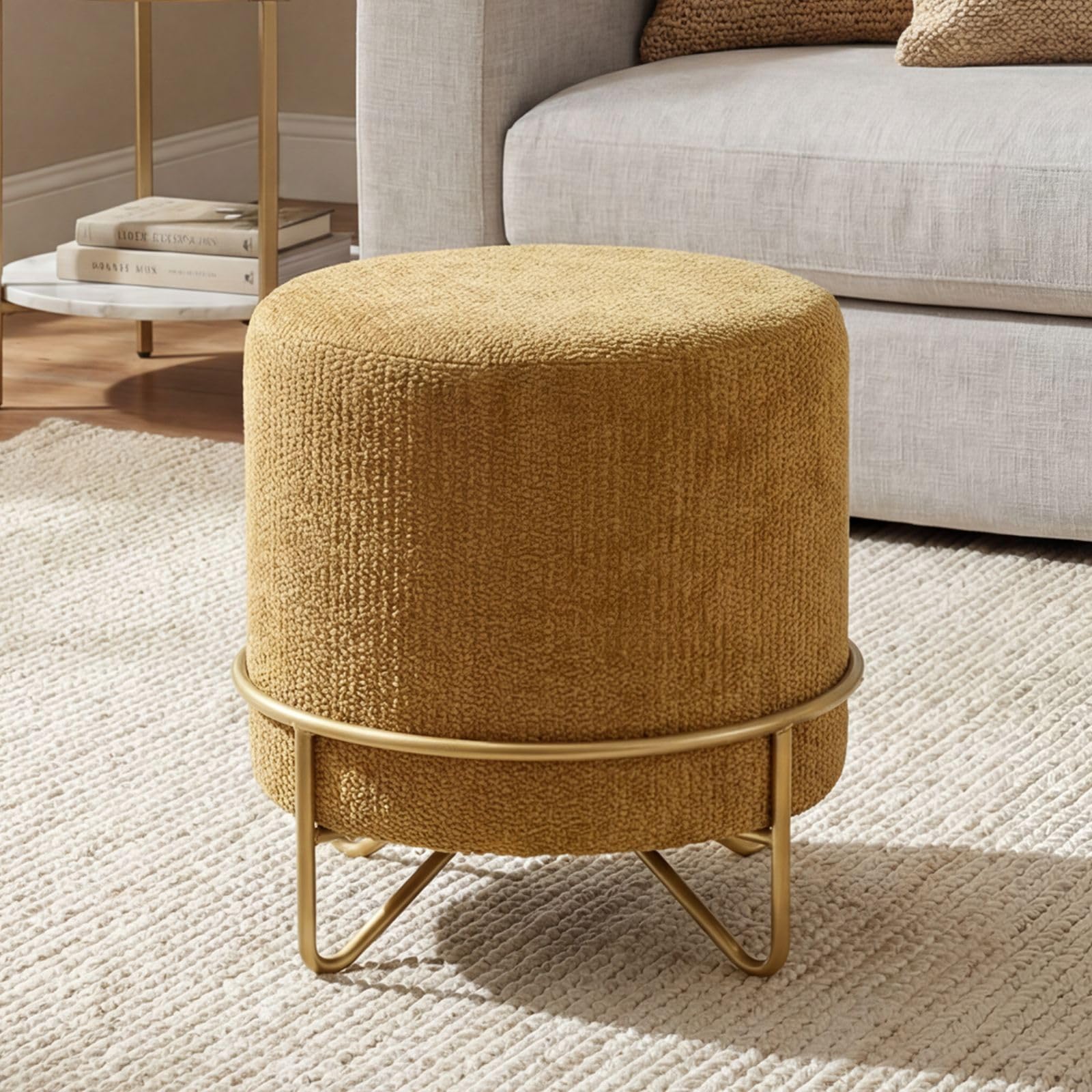 Ya-Home Round Ottoman Footstool with Gold Metal Legs Chenille Stool, Yellow