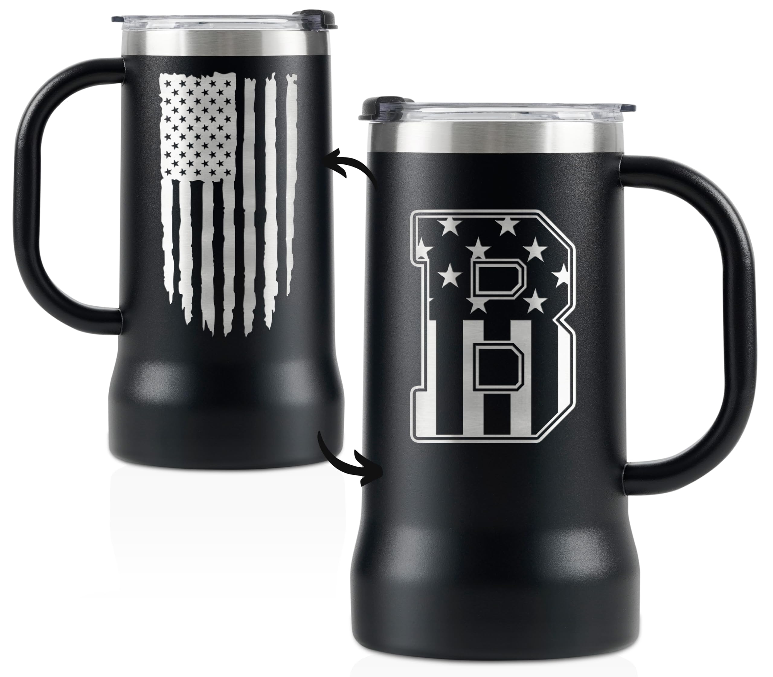 Onebttl Personalized Beer Stein, Beer Mug with Handle - Gifts for Beer Lovers, Men Who Have Everything on Birthday, Christmas - Customized Patriotic US Flag Gifts, Monogram 24 oz Cup, B