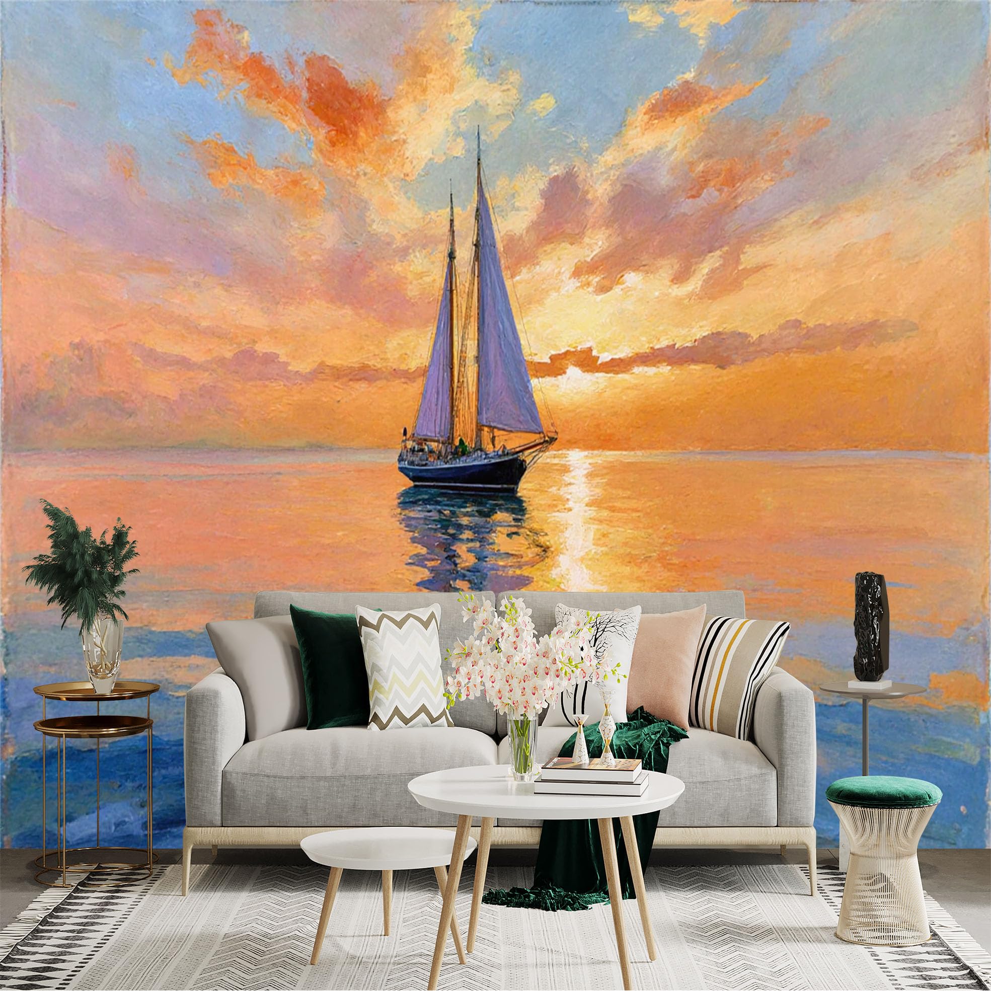 Lnzczhyre Xc260505254 Custom Size Wall Sticker Mural， Sailboat At Sunset， Golden Sea Horizon， Oil Painting Style Nautical Art， For Wall Decoration， Peelandstick Wall Decals.