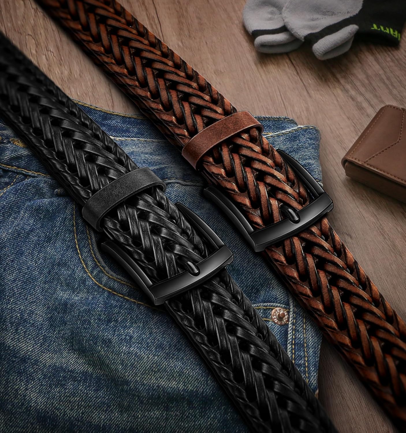 BULLIANT Men Belt 2Pack,Braided Woven Leather Belt For Men Golf Casual Jeans 1 3/8" - Image 2