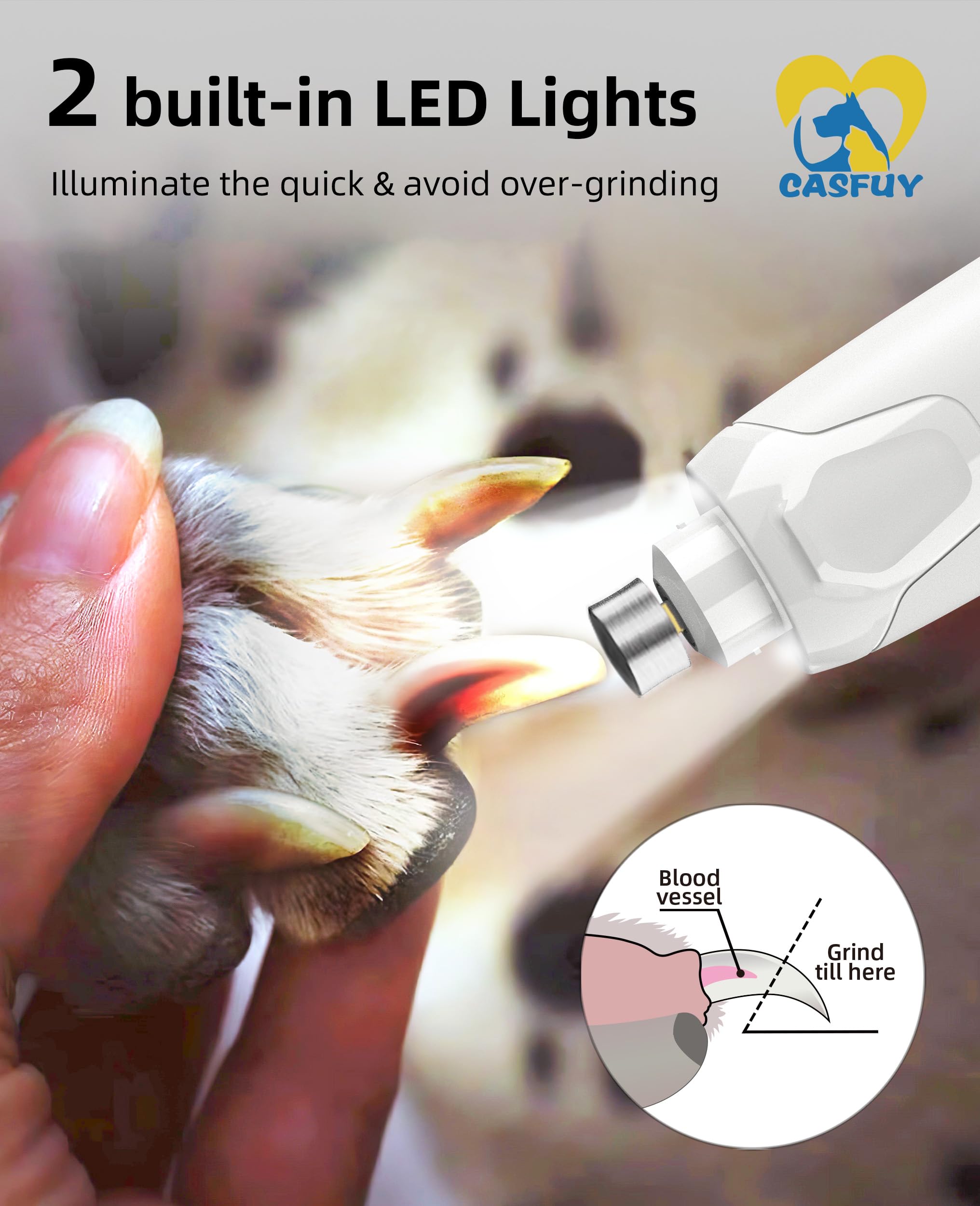 Casfuy Dog Nail Grinder Quiet - (45db) 6-Speed Pet Nail Grinder with 2 LED Lights for Large Medium Small Puppy Dogs/Cats, Professional 3 Ports Rechargeable Electric Dog Nail Trimmer with Dust Cap - image 4