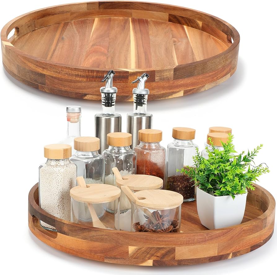 Nitial 2 Pack 18 Inch Acacia Wood Lazy Susan Turntable with Handle Wooden Rotating Serving Tray Charcuterie Board Kitchen Organizer Turntable for Countertop Cabinet Pantry