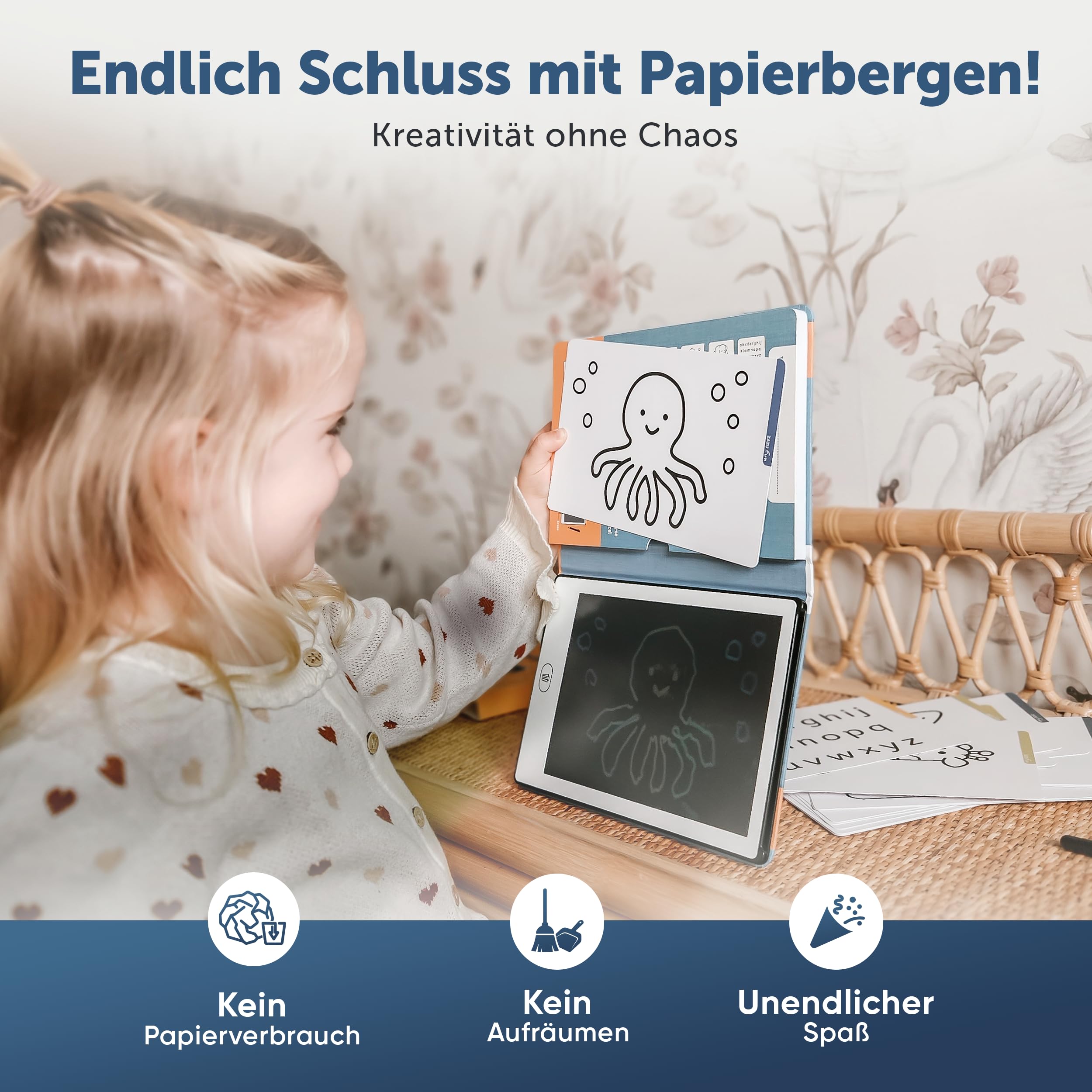 Zazu LCD Zeichentablet Kinder 8,5 Zoll mit 40 Vorlagenkarten & Stift – Maltablet mit Löschfunktion und Sperrtaste – Kreatives Lernspielzeug für Zuhause & unterwegs