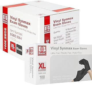 Basic Disposable Medical Synmax Vinyl Exam Gloves- 1000pcs - Latex-Free & Powder-Free -X LARGE, Black Color 100 Count (Pac...