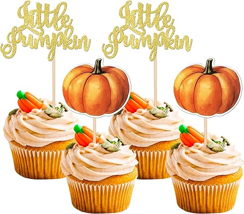 Paquete de 24 adornos para cupcakes de calabaza con purpurina para cupcakes de calabaza para cosecha de otoño, baby shower, niños, cumpleaños,